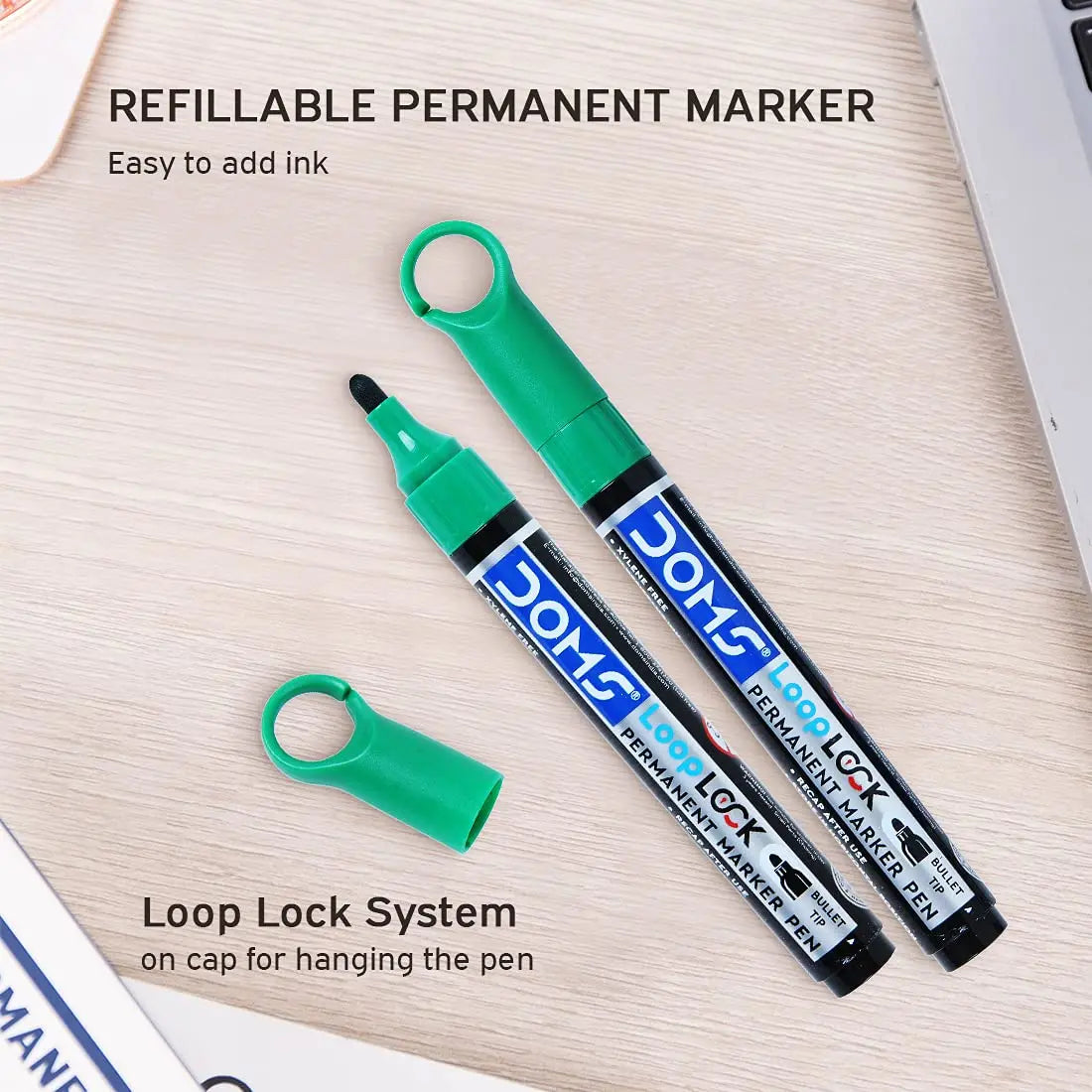 Doms Refilo Non-Toxic Hi-Tech Refillable Loop Lock Permanent Marker Pen (GREEN) - Image #4