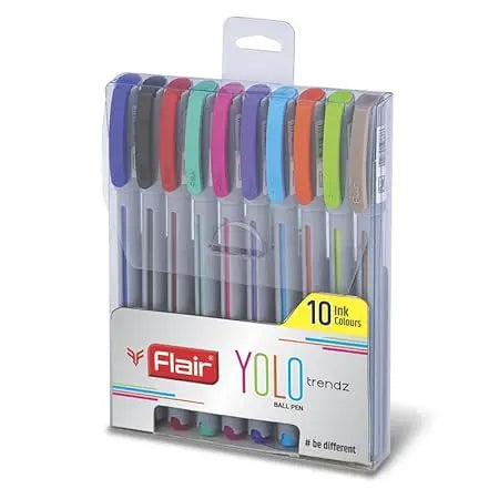 FLAIR Yolo Trendz Ball Pen Pack | Low-Viscosity Ink For Smudge Free Writing | Sleek & Matt Finish Textured Body | Light Weight Pocketable Pen | Multicolor Ink, Set of 10 Shades - Image #1