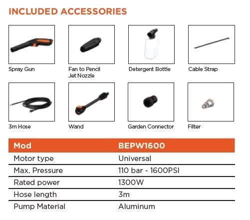 BLACK+DECKER BEPW1600 1300W 1600 PSI 110 Bar Pressure Washer for Car, Bike, Home & Garden Cleaning Use with Multiple Accessories Included, 1 Year Warranty, Orange & Black (RD)