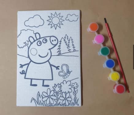 ART & CRAFT Painting Craft Kit for Kids- 1 Mini Pre- Drawn Canvas Panel and 6 Poster Colors Set with a Painting Brush for Kids Hobby Learning Painting Drawing Art and Craft DIY Sets Gift Sets