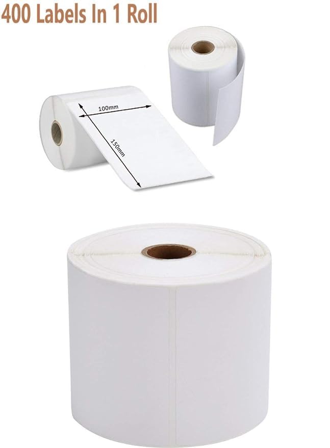 KIYA 100X150 Barcode Label Sticker - 100mm x 150mm - 1 Ups - 400 Labels Per Roll - White Self Adhesive Sticker for Printing Barcoding (1 Roll Per Pack (400 Labels))