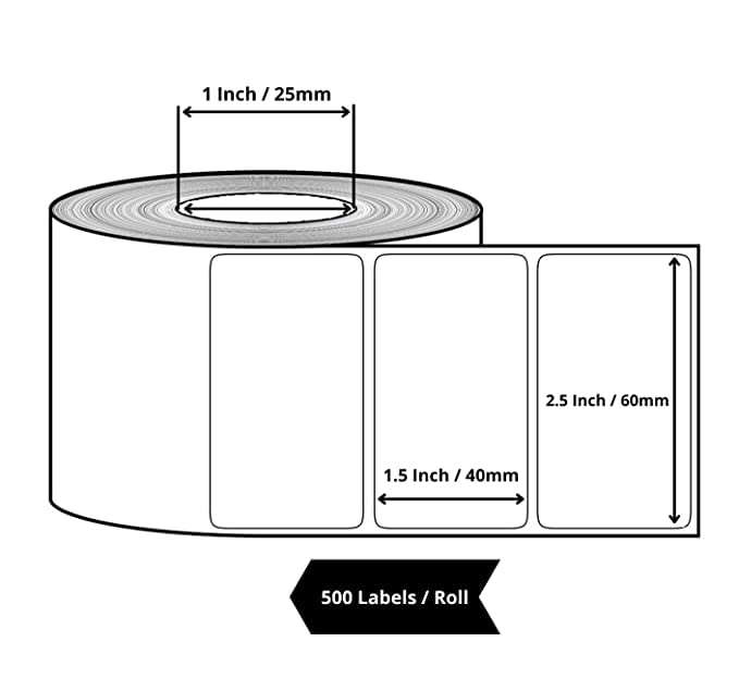 KIYA 60X40 Barcode Label Sticker - 60mm x 40mm - 1 Ups - 500 Labels Per Roll - White Self Adhesive Sticker for Printing Barcoding (1 Roll Per Pack (500 Labels))