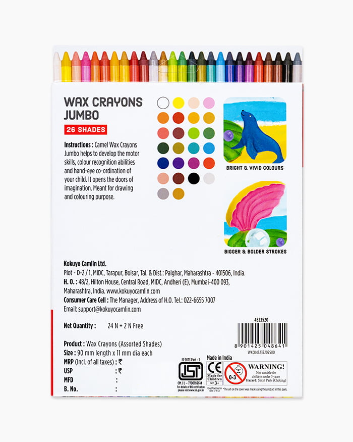 Camlin Wax Crayons Jumbo 26 Shades | Extra Thick | Bright & Smooth Coloring | Ideal for Kids, School & Art Projects