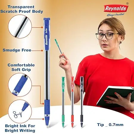 Reynolds BRITE BLUE,BLACK, RED Ball Point Pen Set With Comfortable Grip | Pens For Writing | School and Office Stationery | Pens For Students | 0.7mm Tip Size - Image #3