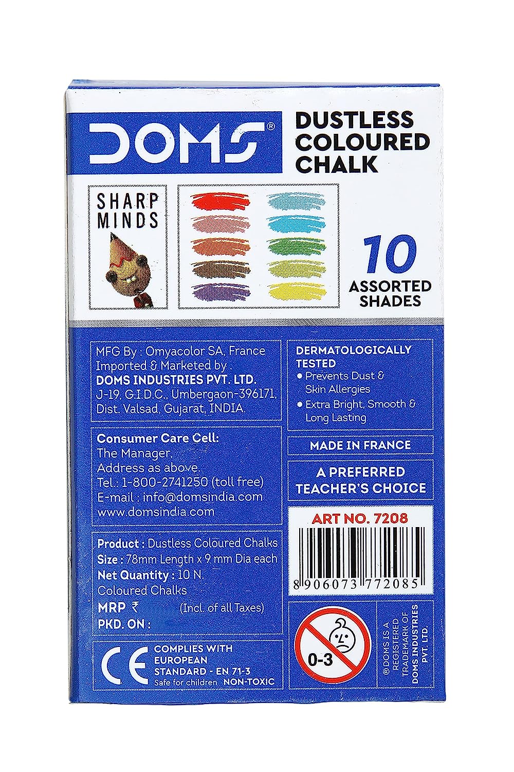 Doms Non-Toxic Dustless Coloured Chalk (Pack of 1 x 10 Set)