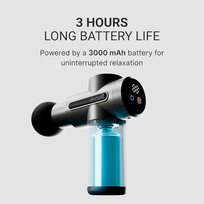 Cult Impact Edge Deep tissue massage gun, Dual Hot and Cold therapy head, 3000mAh battery, 6-speed intensity, Silicone round head, Full body gun massager machine