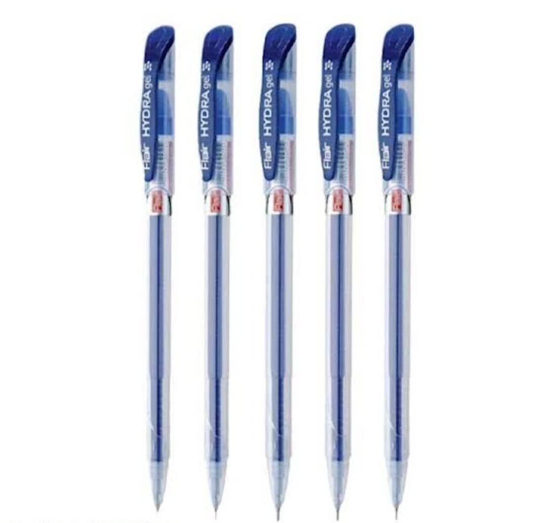 FLAIR Hydra Gel Pen Pouch Pack | Soft Rubber Grip For Easy & Comfortable Holding | Low-Viscosity Quick Dry Ink Provides Smooth Writing | Blue Ink, Pack of 5 Pens