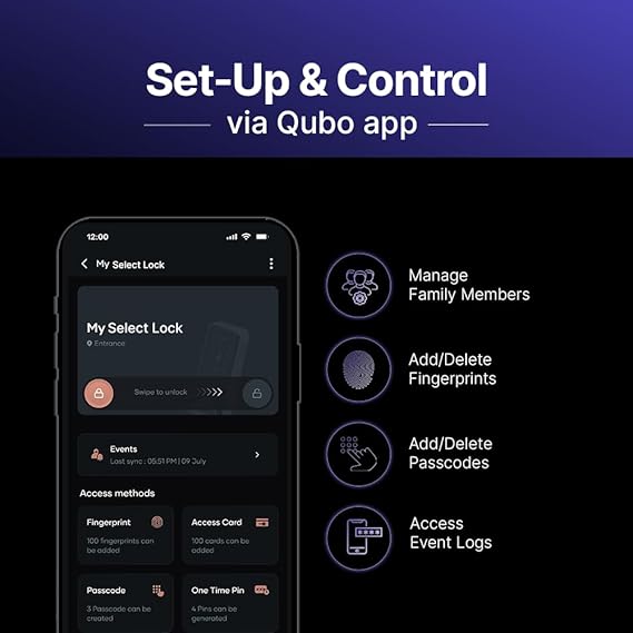 QUBO Smart Door Lock Select from Hero Group (2025 Edition) | 7-Way Unlocking | 5 Bolts | Fingerprint | Remote Unlocking via OTP | PIN | Access Card | Mobile App |