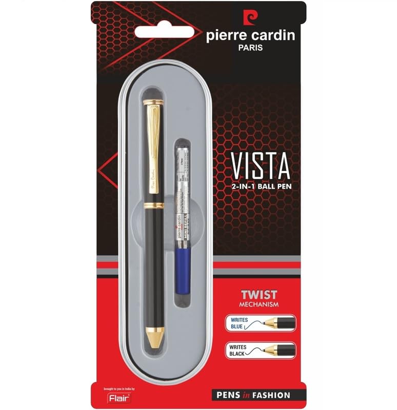 Pierre Cardin Vista 2 in 1 Ball Pen | Metal Body With Twist Mechanism | Smudge Free Writing, Refillable Pen | Ideal For Corporate Gifting, Festive Gifting | Blue & Black Ink, Pack Of 1