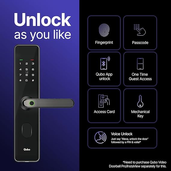 QUBO Smart Door Lock Select from Hero Group (2025 Edition) | 7-Way Unlocking | 5 Bolts | Fingerprint | Remote Unlocking via OTP | PIN | Access Card | Mobile App |