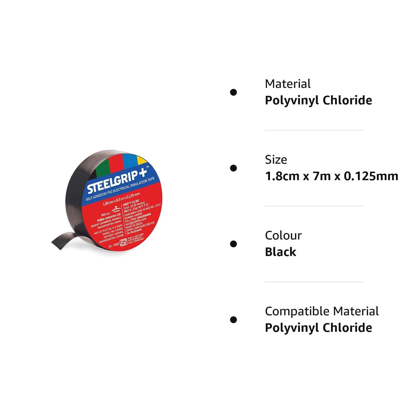 Steelgrip - Self Adhesive PVC Electrical Insulation Tape - 1.8 Cm X 7 M X 0.125 Mm - Multi Color, Set Of 1 Pcs