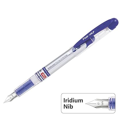 FLAIR Inky Fountain Pen Blister Pack | Stainless Steel Round Tip | Free 2 Pieces X-Large Jumbo Cartridges Each Pack | Comfortable Grip For Smooth Writing | Blue Ink