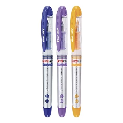 FLAIR Inky Fountain Pen Blister Pack | Stainless Steel Round Tip | Free 2 Pieces X-Large Jumbo Cartridges Each Pack | Comfortable Grip For Smooth Writing | Blue Ink