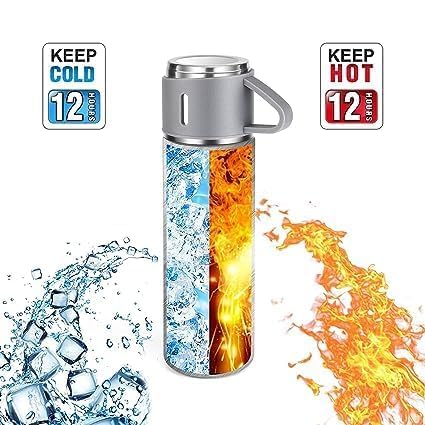 AMKAY Stainless Steel Vacuum Flask with 3 Steel Cups Combo Set; Hot and Cold Insulated Double Layer Thermos Flask for Gift Tea Coffee Water Bottle 680ML
