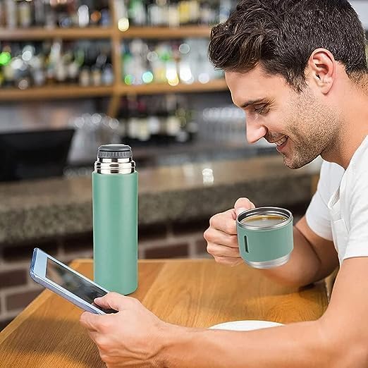 AMKAY Stainless Steel Vacuum Flask with 3 Steel Cups Combo Set; Hot and Cold Insulated Double Layer Thermos Flask for Gift Tea Coffee Water Bottle 680ML