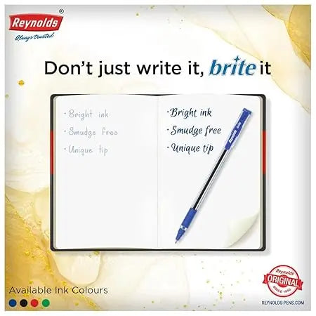 Reynolds BRITE BLUE,BLACK, RED Ball Point Pen Set With Comfortable Grip | Pens For Writing | School and Office Stationery | Pens For Students | 0.7mm Tip Size - Image #5