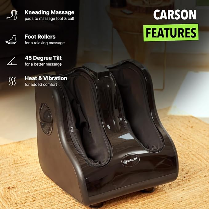 Cultsport Carson for Foot, Calf & Leg Massager for home with Heat and Vibration, 80W, 4 Motors Rolling & Kneading Functions for Pain Relief, Blood Flow Control, Black