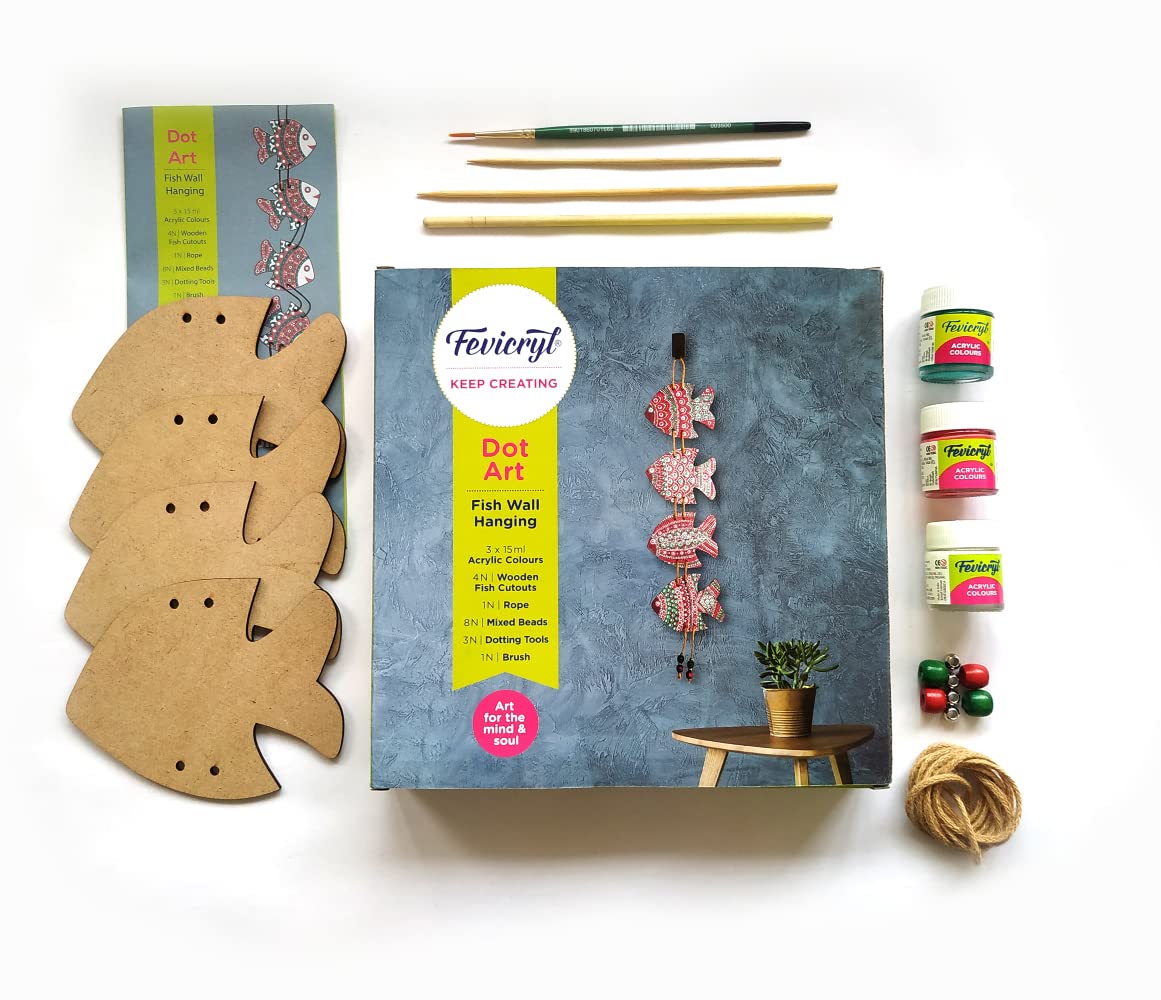 PIDILITE l Dot Art DIY Kit | Fish Wall Hanging | Kit Contains Dotting Tools, Acrylic Colours, Wooden Fish Cutouts, Rope, Mixed Beads, Brush, DIY Kit for Gifting, Gift for Artists, Students, Children