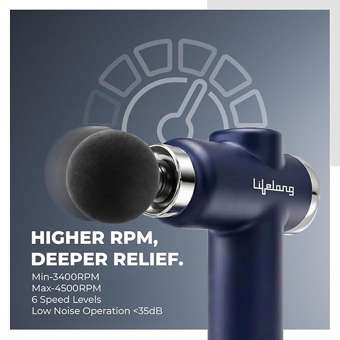 Lifelong Gun Massager for Pain Relief – 8 Massage Heads, 6 Speed Modes, Rechargeable, Quiet 20W Motor, Lightweight & Portable Deep Tissue Massager for Back, Neck, Legs & Travel Use