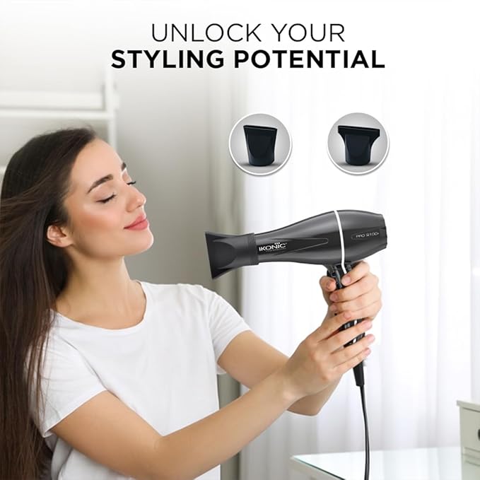 IKONIC Pro 2100+ Hair Dryer 2000 Watts, Black, 3 Heat And 2 Speed Settings, Cool Shot, Low Noise Function Interchangeable Nozzles, Professional Styling, For Women And Men, All Hair Type