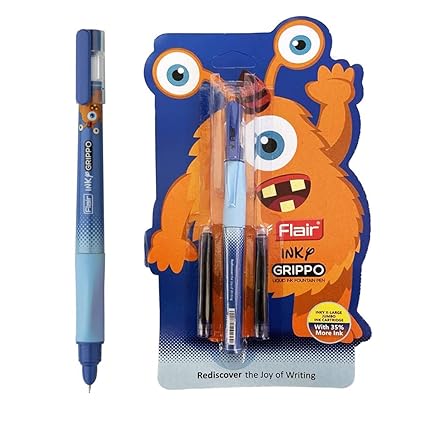 FLAIR Inky Series Grippo Liquid Ink Fountain Pen Blister Pack | Free 2 Pieces X-Large Jumbo Cartridges With Each Pack | Cute & Stylish Pen For Kids Girls Students Teens Gifts