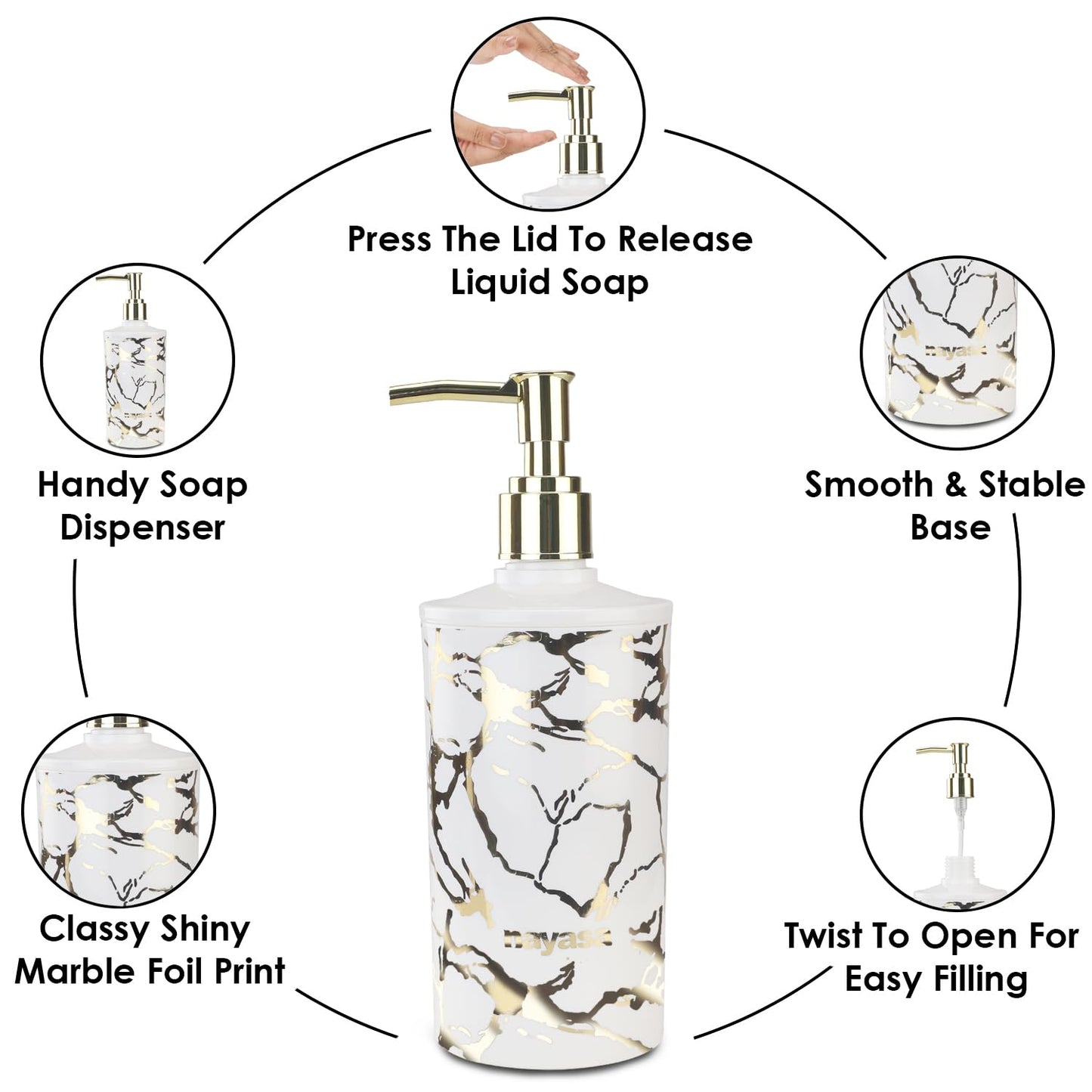Nayasa Stylo Soap Dispenser Set of 2, Classy Marble Finish Foil Print Liquid Soap Dispenser with Pump, Can Be Used for Handwash, Lotion, Sanitizer, Shampoo, for Home & Kitchen, Gold