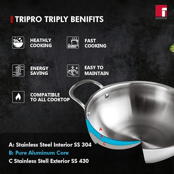 Bergner Tripro Triply Stainless Steel 4 Pc Cookware Set, 24 cm Indian Wok/Kadai with Lid, 22 cm Frypan, 16 cm Tea Pan, Even and Fast Heating, Induction Bottom, Gas Ready, Silver (RD)