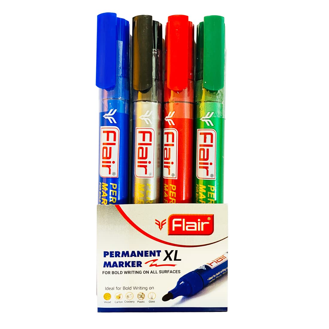 Flair Creative Series Permanent XL Marker | Fast Drying Ink | For Bold Writing On All Surfaces | For Office & School Stationery | 4 Shades Pouch Pack