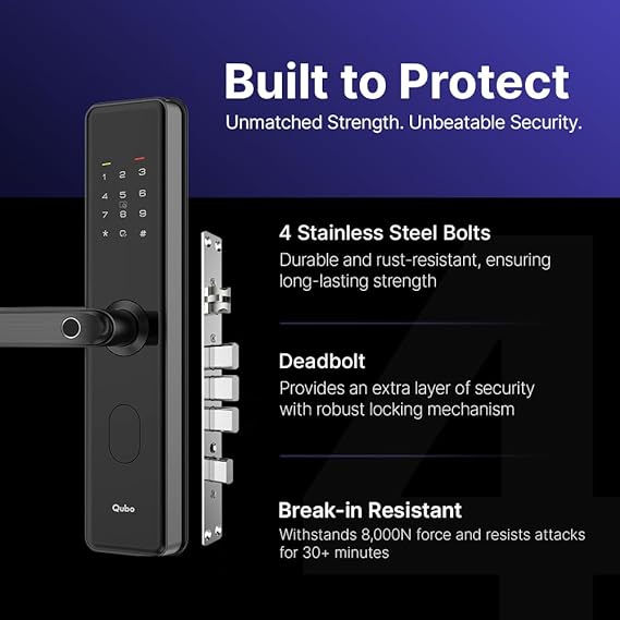 QUBO Smart Door Lock Select from Hero Group (2025 Edition) | 7-Way Unlocking | 5 Bolts | Fingerprint | Remote Unlocking via OTP | PIN | Access Card | Mobile App |