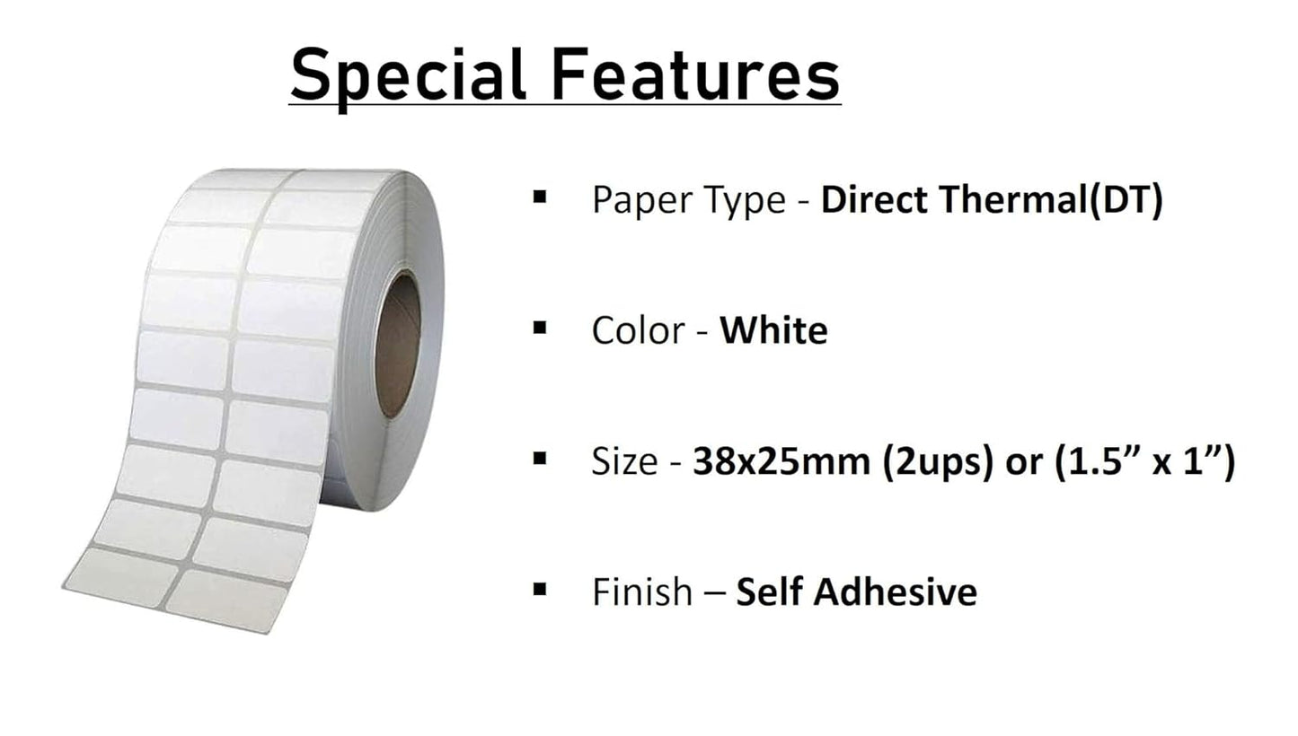 KIYA 38x25x2 Barcode Label Sticker - 38mm x 25mm - 1 Ups - 2000 Labels Per Roll - White Self Adhesive Sticker for Printing Barcoding (1 Roll Per Pack (2000 Labels))
