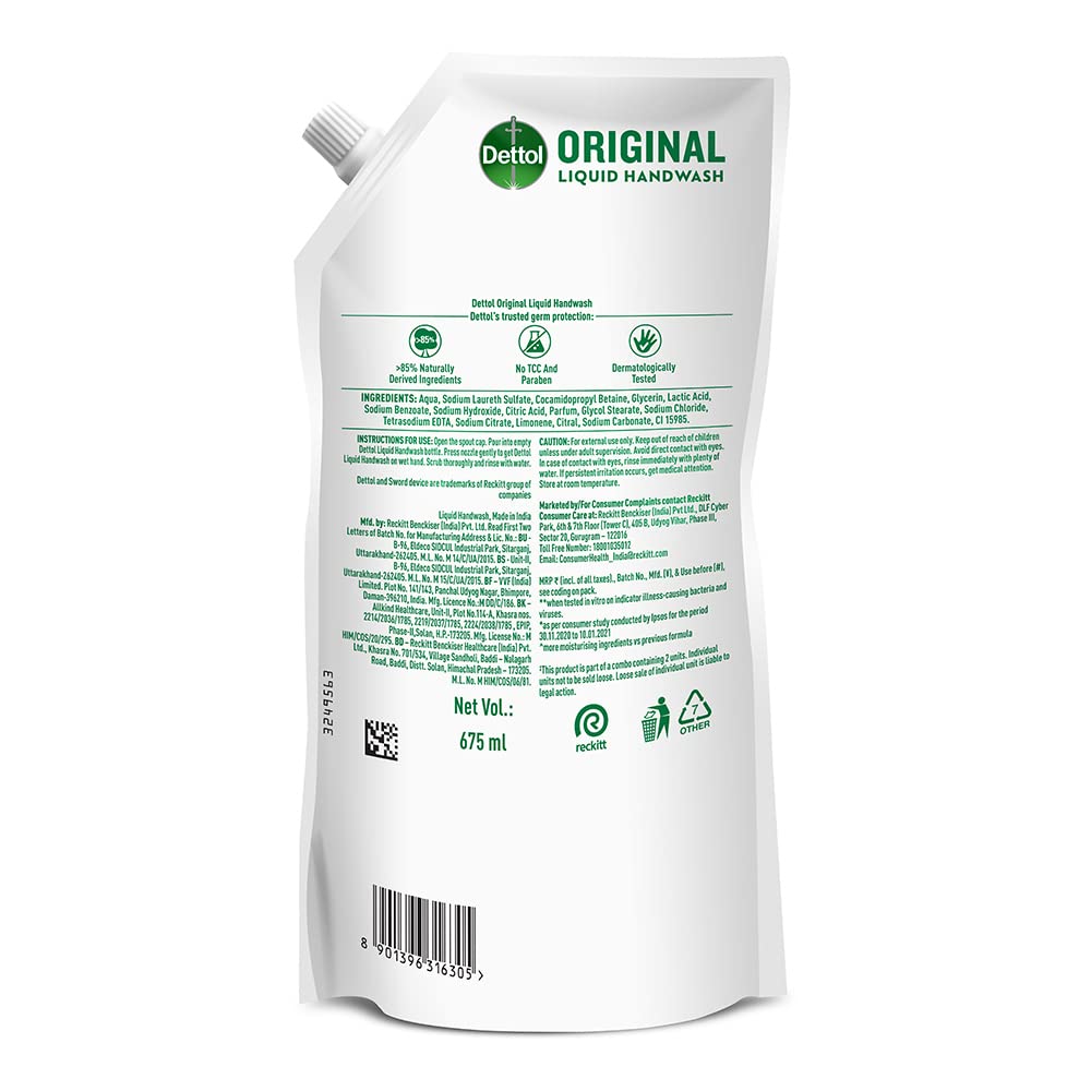 Dettol Liquid Handwash Refill - Original Hand Wash- 675ml | Germ Defence Formula | 10x Better Germ Protection