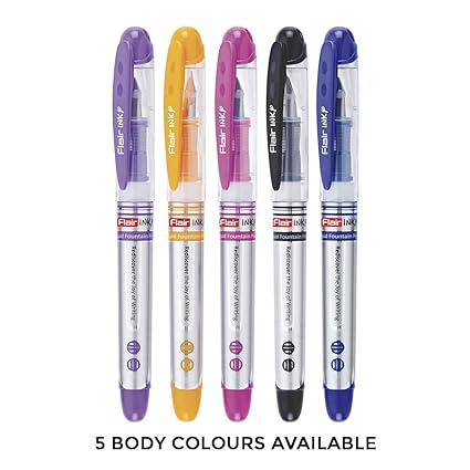 FLAIR Inky Fountain Pen Blister Pack | Stainless Steel Round Tip | Free 2 Pieces X-Large Jumbo Cartridges Each Pack | Comfortable Grip For Smooth Writing | Blue Ink