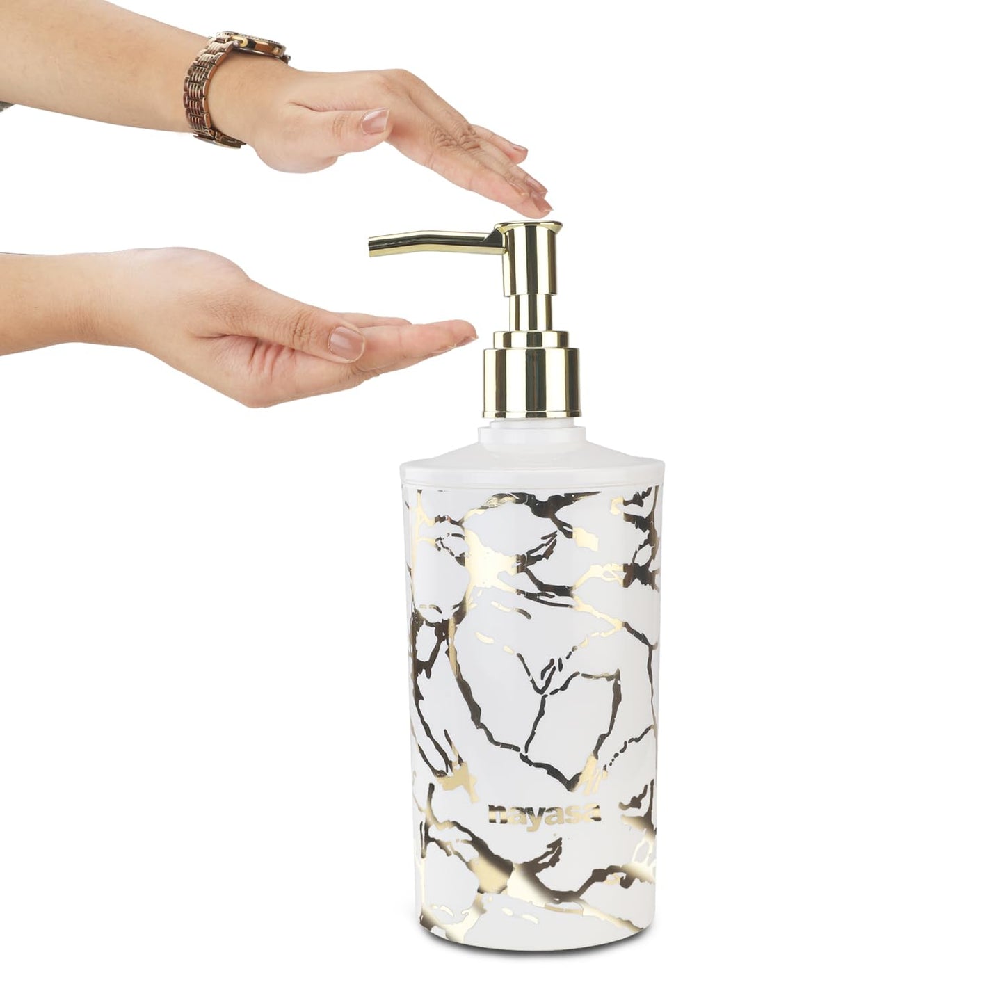 Nayasa Stylo Soap Dispenser Set of 2, Classy Marble Finish Foil Print Liquid Soap Dispenser with Pump, Can Be Used for Handwash, Lotion, Sanitizer, Shampoo, for Home & Kitchen, Gold