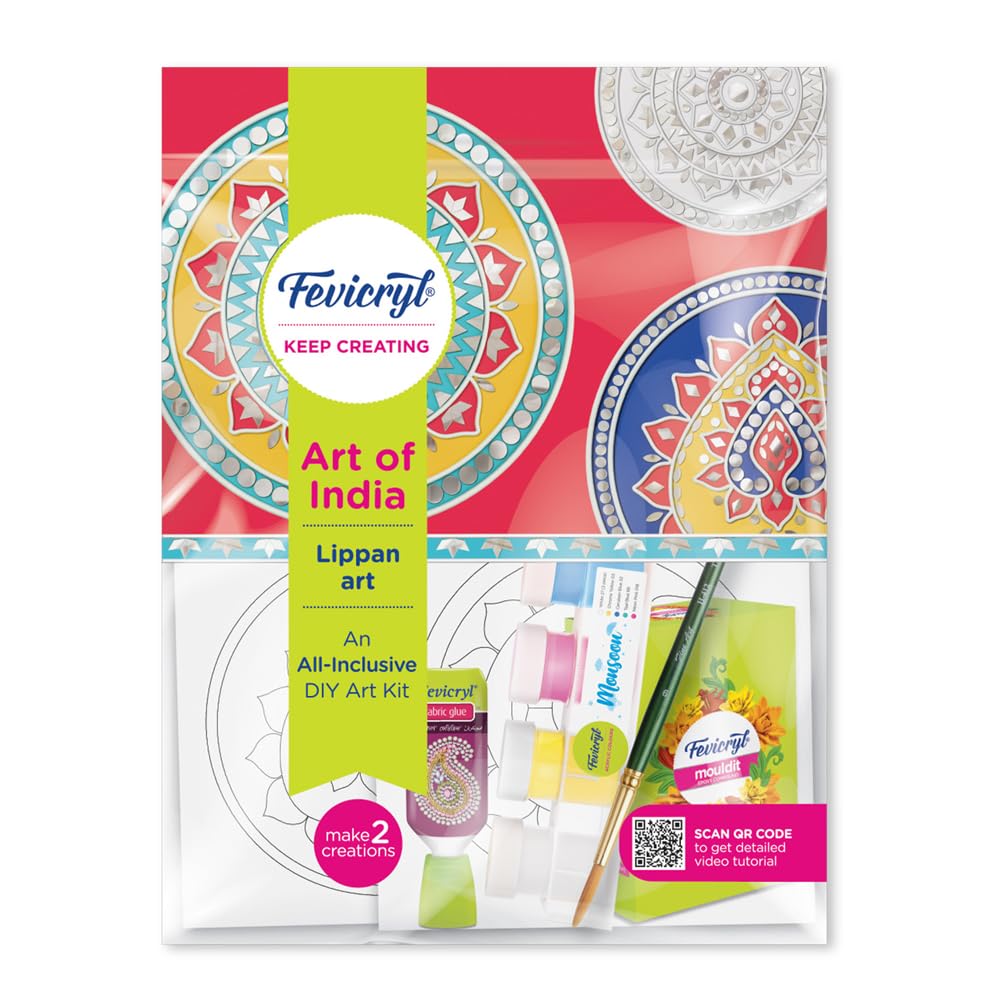 Fevicryl DIY Art of India Lippan Art | Acrylic Paints - 12 Shades| Set of 2 Round Brushes | Pre-Designed Canvas Mould It & Fabric Glue | Best Gift for Children Above 10 Years