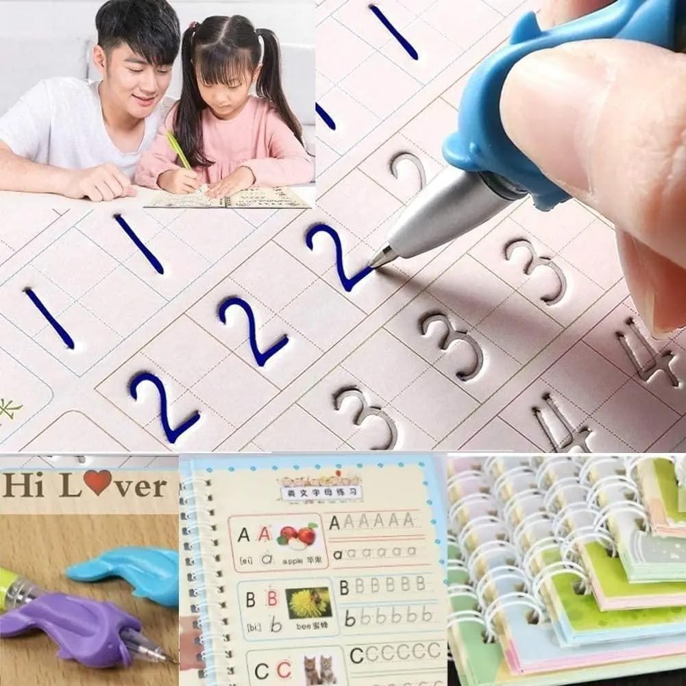 AMKAY Magic Groove Practice Copybook, (4 Book + 10 Refill) Number Tracing Book for Preschoolers with Pen, Magic Calligraphy Copybook Set Practical Reusable Writing Tool Simple Hand Lettering