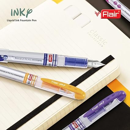 FLAIR Inky Fountain Pen Blister Pack | Stainless Steel Round Tip | Free 2 Pieces X-Large Jumbo Cartridges Each Pack | Comfortable Grip For Smooth Writing | Blue Ink
