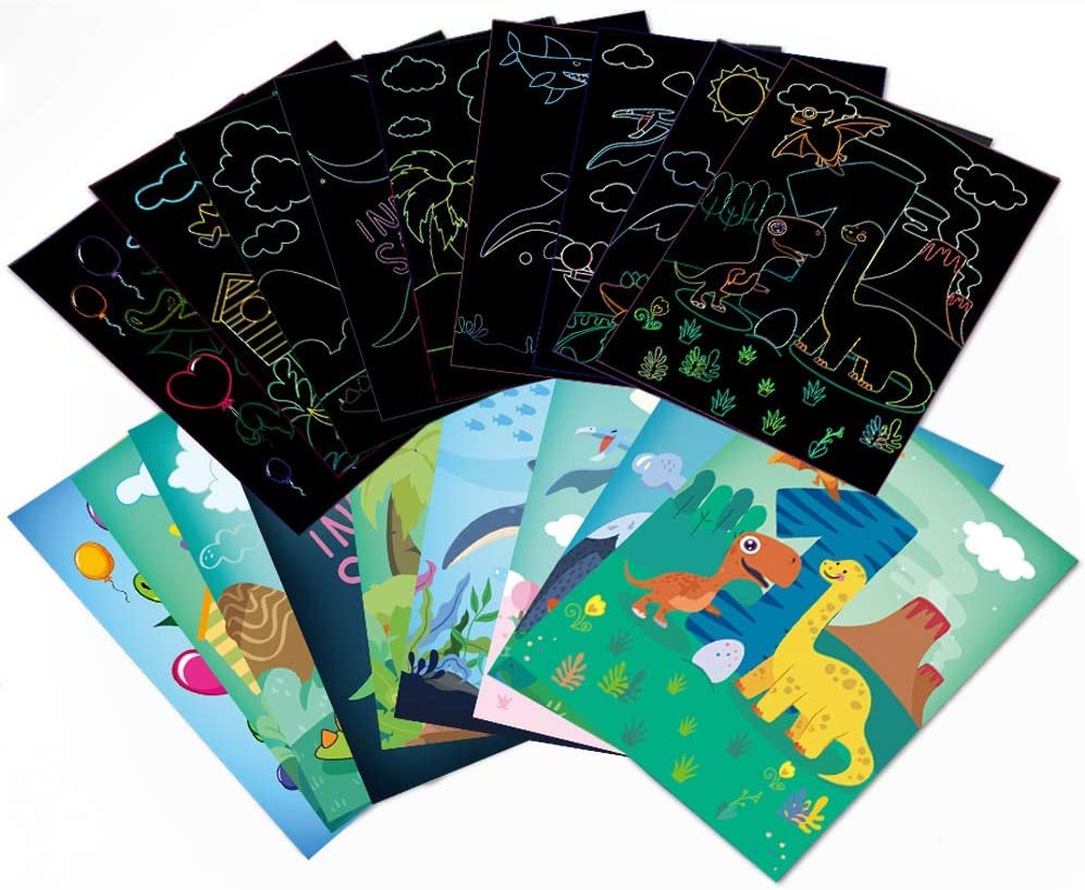 ART & CRAFT ® DIY Mermaid & Dinosaur Magic Scratch Art Combo Pack for Kids-18 Sheets Double Sided Cute Design Rainbow Scratch Paper Cards & Scratch Sticks Set- Boys -Girls/Birthday- Party Favor