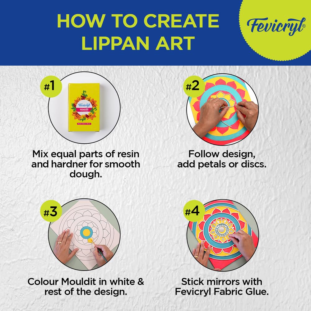 Fevicryl DIY Art of India Lippan Art | Acrylic Paints - 12 Shades| Set of 2 Round Brushes | Pre-Designed Canvas Mould It & Fabric Glue | Best Gift for Children Above 10 Years