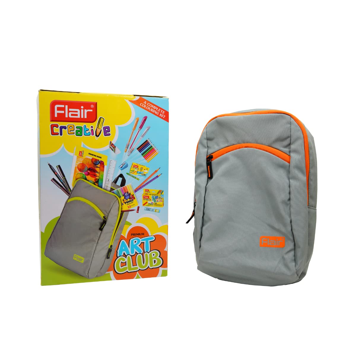 FLAIR Creative Series Art Club Combination Smart Kit | With Free Zipper Bag | Non-Toxic & Safe for Childrens | A Complete Coloring Kit | 12 Products & 17 Units, Body Color of Bag May Vary