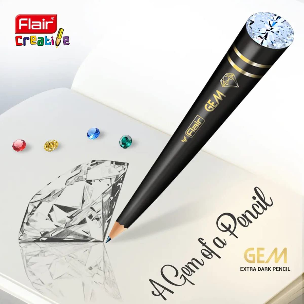 FLAIR Creative Series Gem 2B Graphite Pencil | Extra Dark Pencil | Black Matte Finish | Lightweight With Comfortable Grip | Black, 10 Pencils