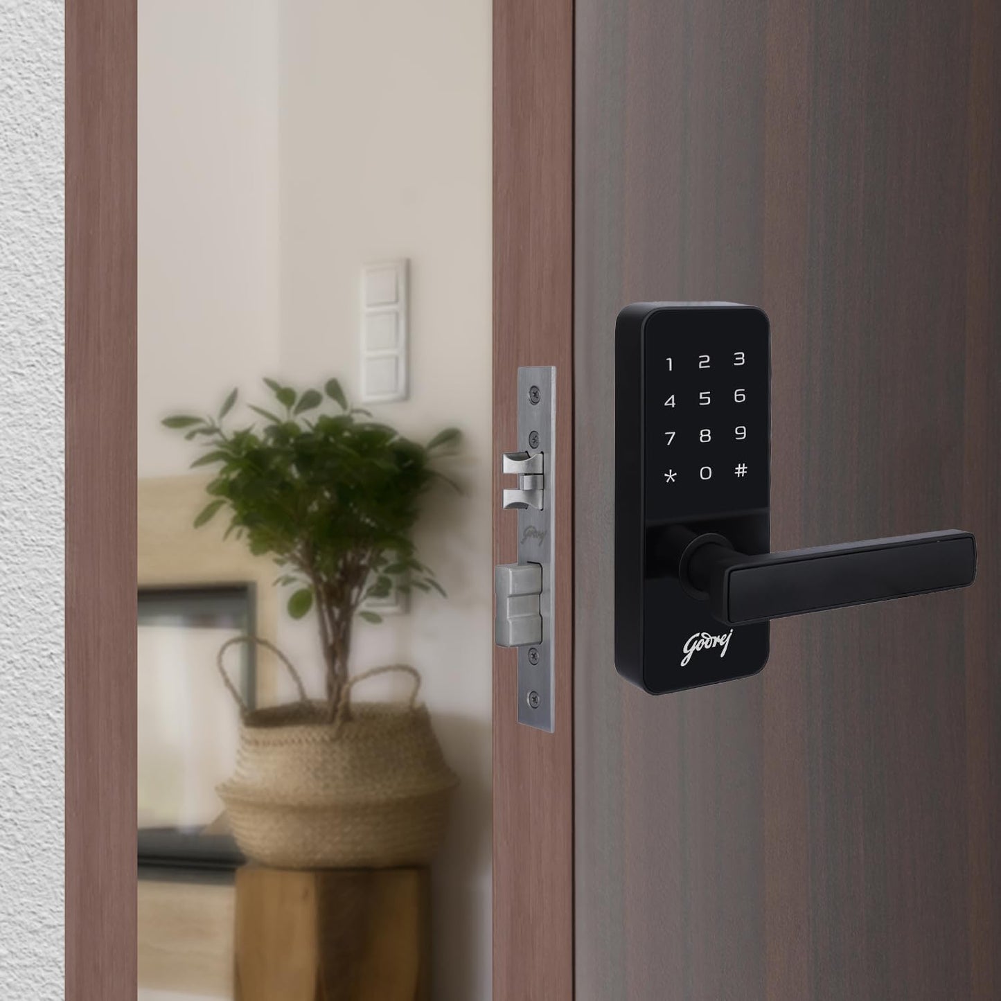 Godrej Smart Lock I Catus Touch I Digital Lock for Main and Internal Wooden Door I 2 in 1 Access I Pin Access I Mechanical Key I Black Finish I 3 Years Warranty