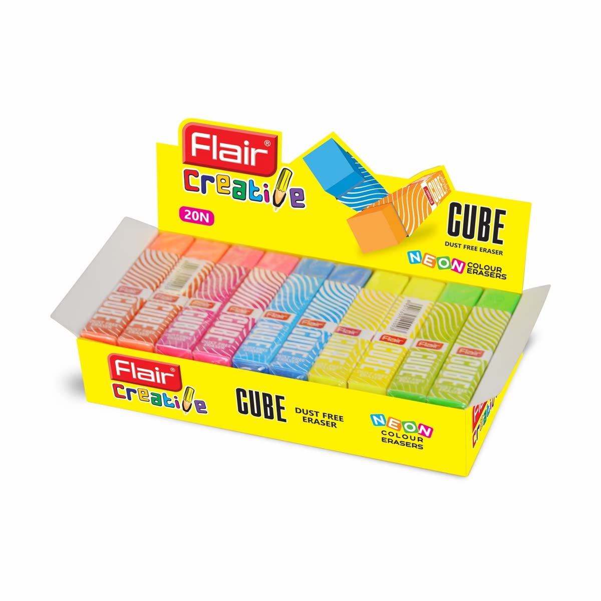 Flair Creative Series Cube Eraser Box Pack | Neat & Dust Free Erasing | Neon Color Erasers | Stationery Gift Item For Kids & Students | Safe For Children | 5 Different Body Colors | Pack of 20 Erasers