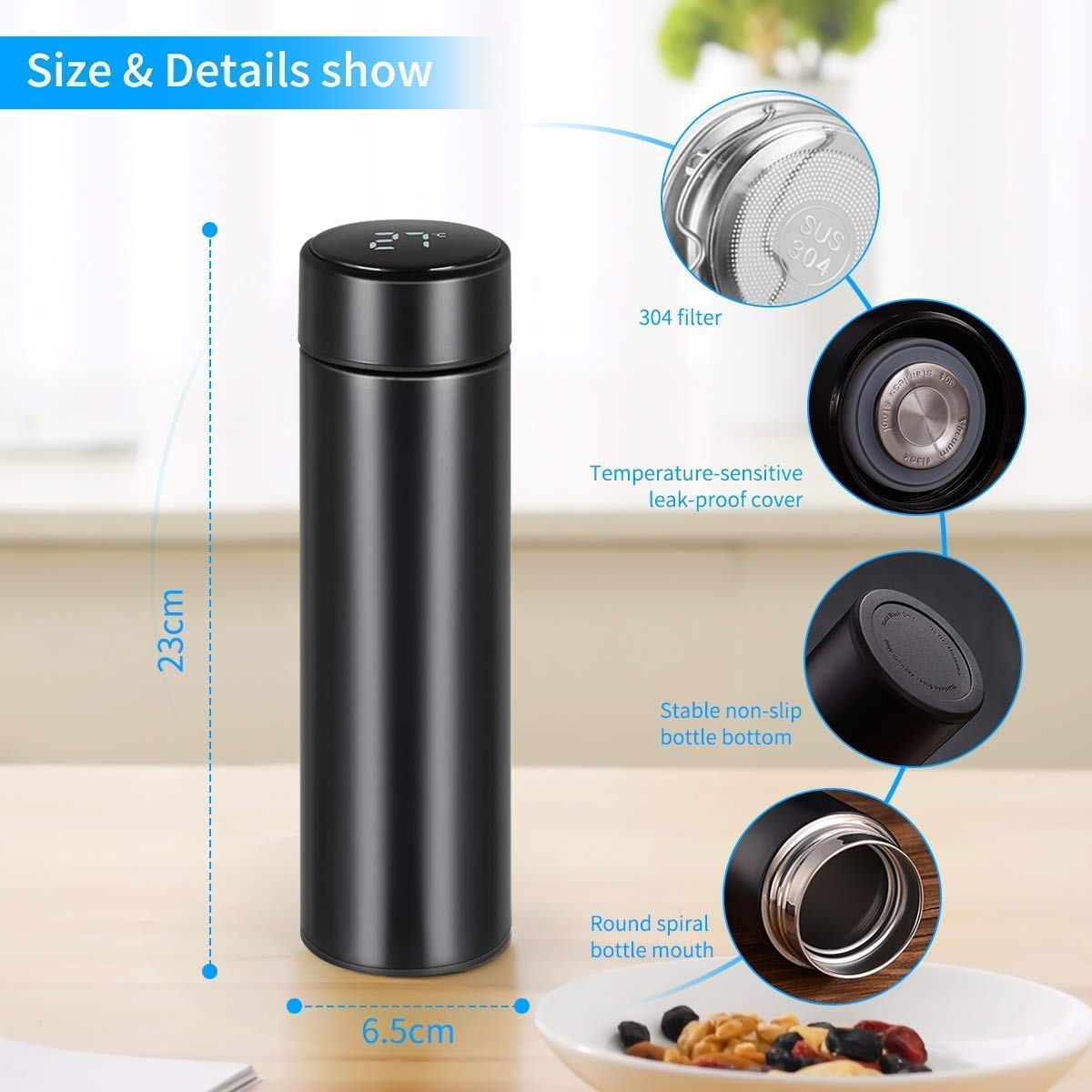 Smart LED Active Temperature Display Indicator Vacuum Insulated Bottle Stainless Steel Thermos Hot & Cold Bottle with Liquid Temperature Display (500ml) (Black)