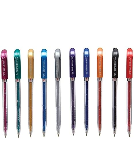 FLAIR Glitter Sparkle 1.0mm Gel Pen Blister Pack | Smooth & Perfect Writing Experience | Non-Toxic Fluid Gel Ink | Beautiful Transparent Body With Sparkles | Set of 10 Different Ink Colors