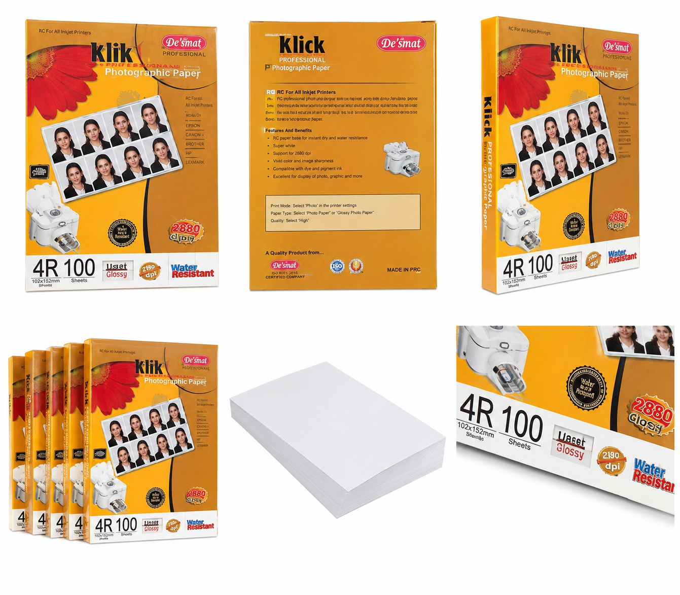 Desmat Klick Professional 4x6 Inch Glossy Photo Paper 180 GSM (100 Sheets) | Water Resistant Inkjet Photo Paper | Instant Dry | Compatible with Epson, Canon, HP, Brother & Lexmark Printers