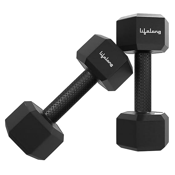 Lifelong PVC Hex Dumbbells Pack of 2 (5kg*2) Black Color & Lifelong Adjustable Ankle Weight for Running, Jogging, Cycling, Sand Filled, for Both Men and Women, 0.5 Kg and 1 Kg (Pair) (ASL)