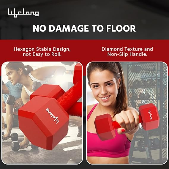 Lifelong PVC Hex Dumbbells Pack of 2 (5kg*2) Red Color for Home Gym Equipment Fitness Barbell|Gym Exercise|Home Workout| For Men & Women (ASL)