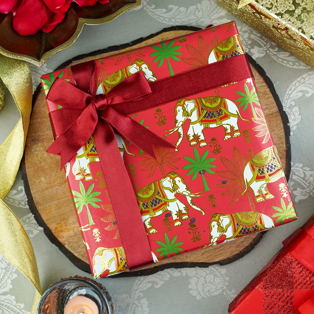 ART & CRAFT Royal Red with Elephants Gift Wrapping Paper Sheet - Gift Wrap Sheets - Gift Papers Sheets - Gift Cover Rapping Paper - Premium Design Paper sheet for Gift Packing 1 Size (50x70 CM)