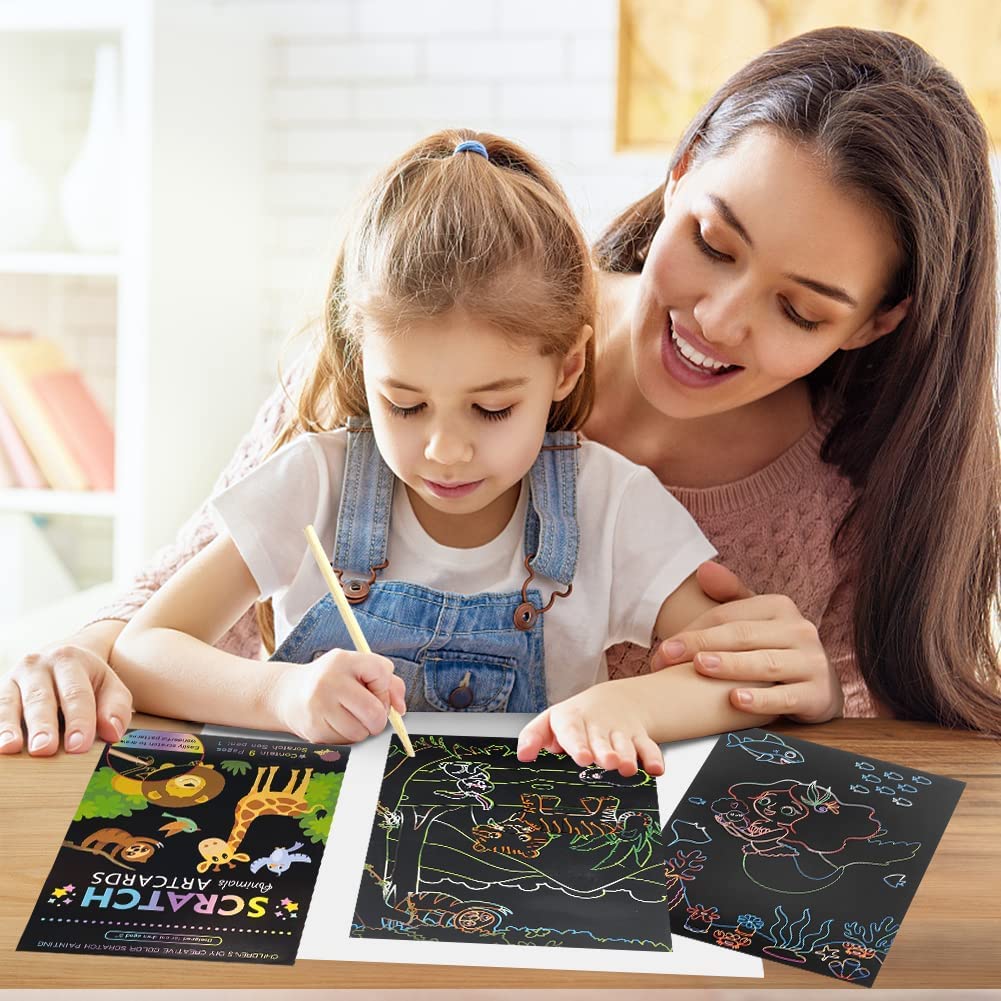 ART & CRAFT ® DIY Mermaid & Dinosaur Magic Scratch Art Combo Pack for Kids-18 Sheets Double Sided Cute Design Rainbow Scratch Paper Cards & Scratch Sticks Set- Boys -Girls/Birthday- Party Favor