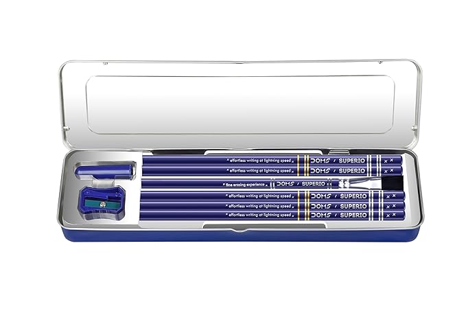 Doms Superio Super Dark Graphite Pencils Pack of 10 Pencils| With FREE 1 Eraser 1 Pencil Sharpner 1 Point Protection Cap & 1 Cleaning Brush| With Storage Case Metal Body